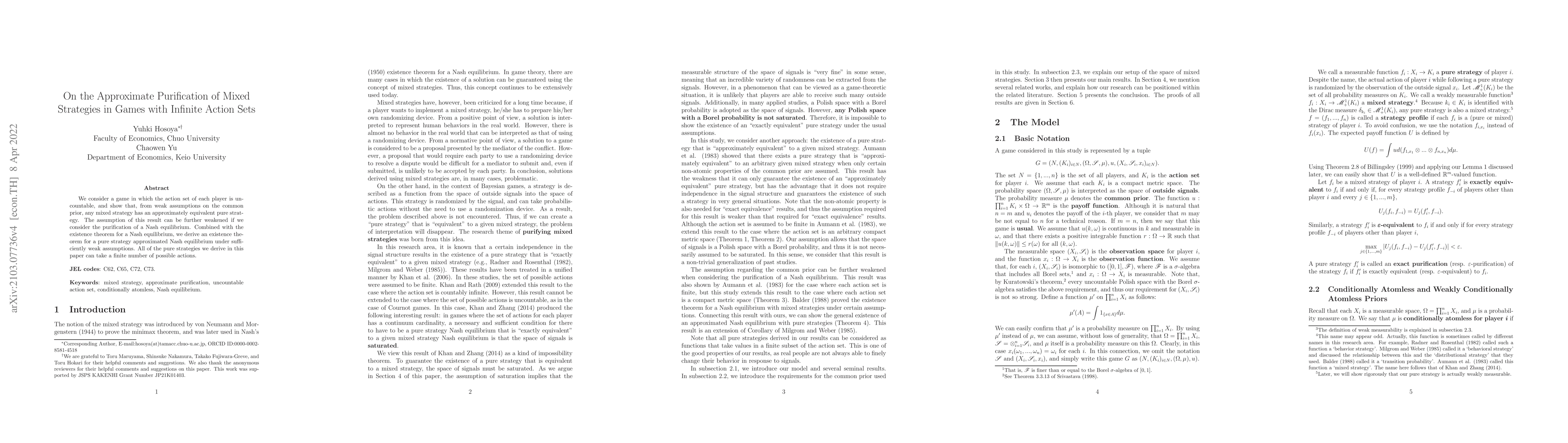 Thumbnail for On the Approximate Purification of Mixed Strategies in Games with
  Infinite Action Sets