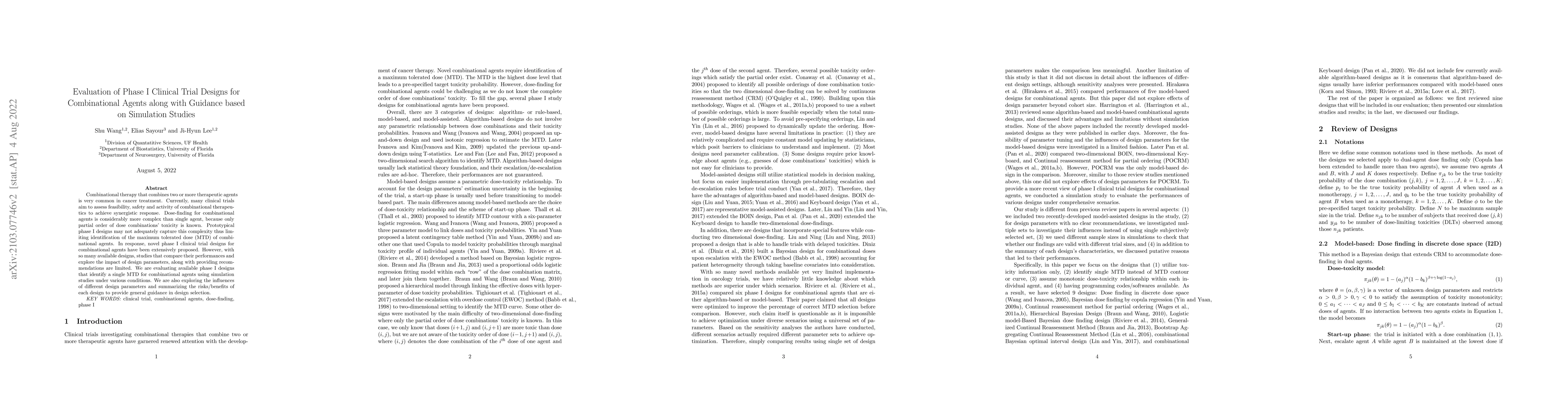 Thumbnail for A Simulation Study Evaluating Phase I Clinical Trial Designs for
  Combinational Agents