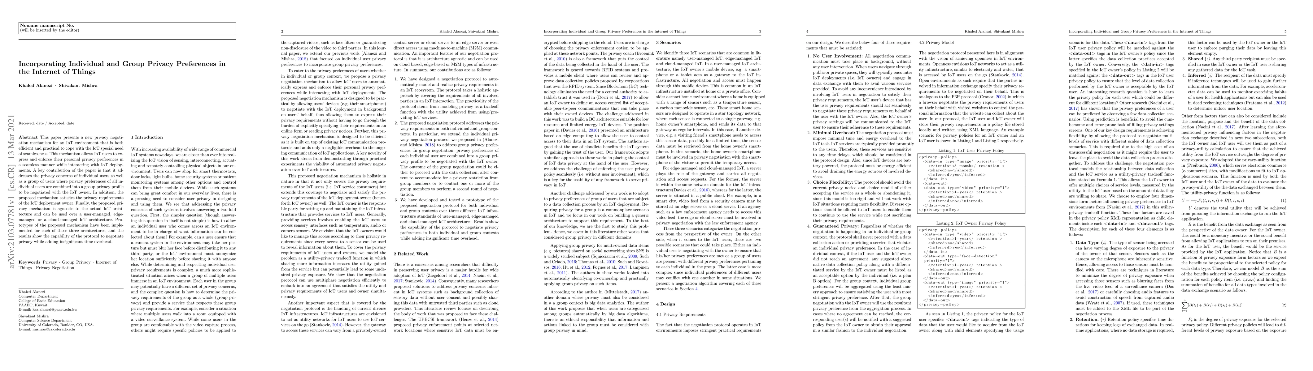 Thumbnail for Incorporating Individual and Group Privacy Preferences in the Internet
  of Things