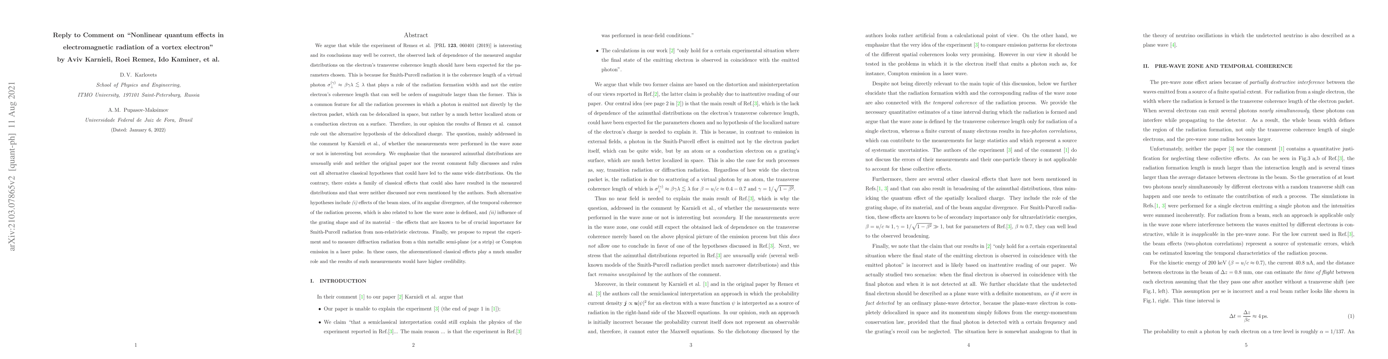 Thumbnail for Reply to Comment on "Nonlinear quantum effects in electromagnetic
  radiation of a vortex electron" by A. Karnieli, R. Remez, I. Kaminer, et al