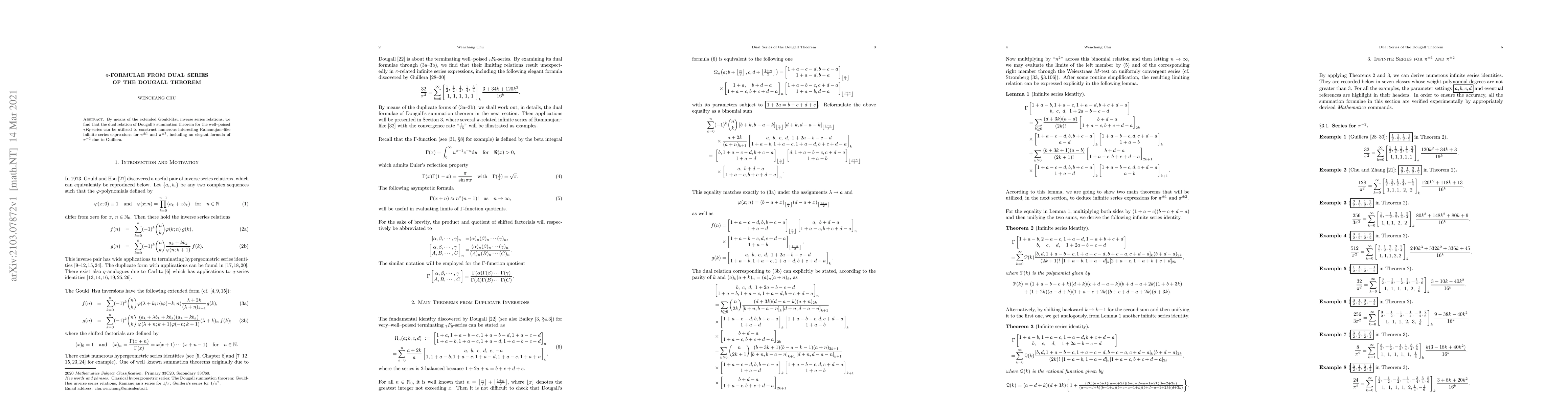 Thumbnail for $\pi$-Formulae from Dual Series of the Dougall Theorem