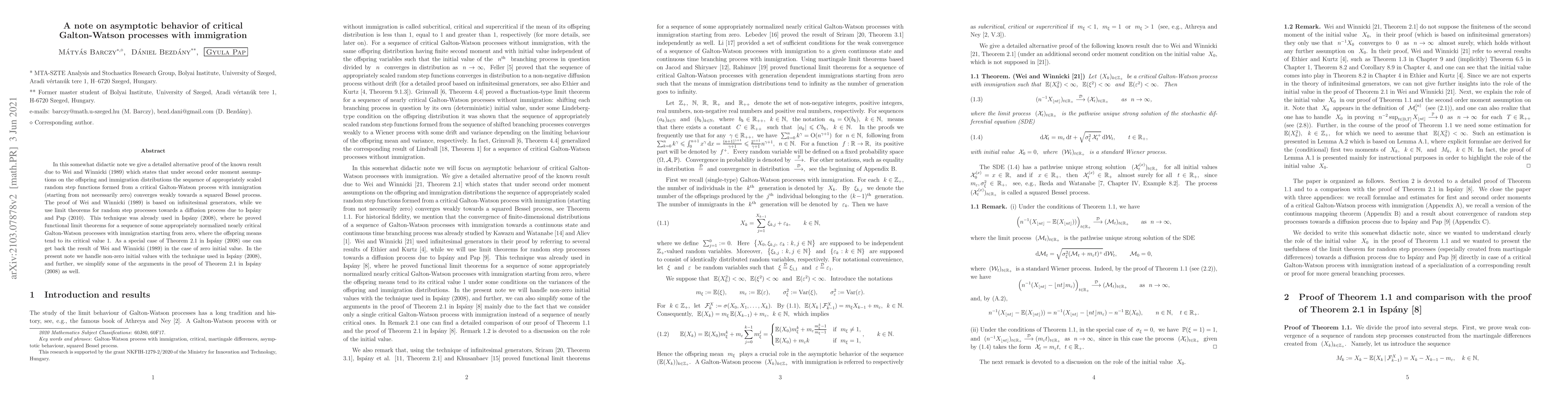 Thumbnail for A note on asymptotic behavior of critical Galton-Watson processes with
  immigration