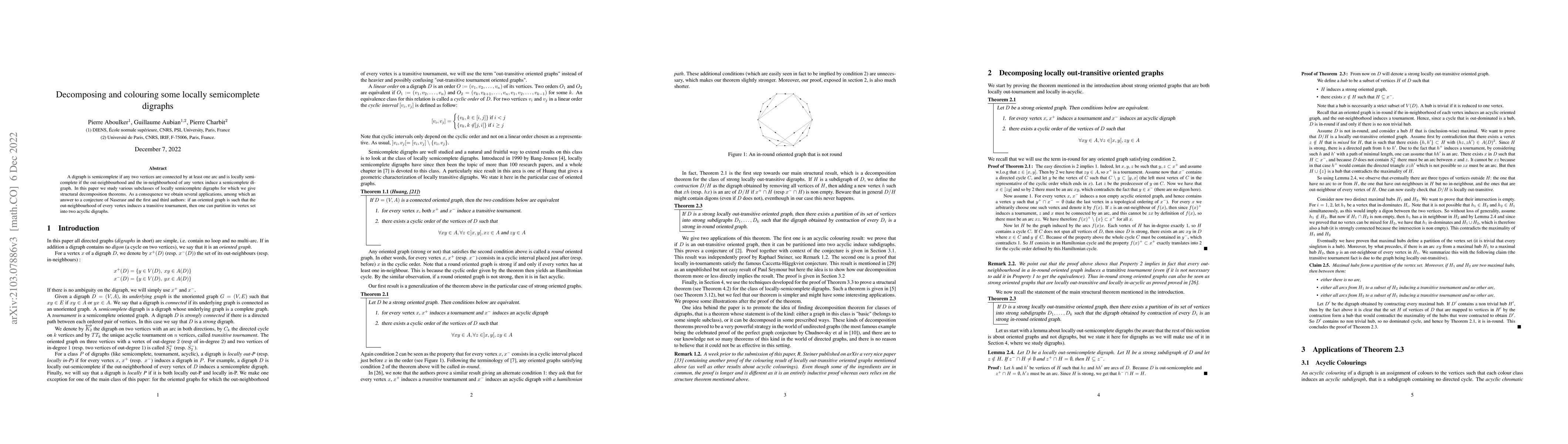 Thumbnail for Decomposing and colouring some locally semicomplete digraphs