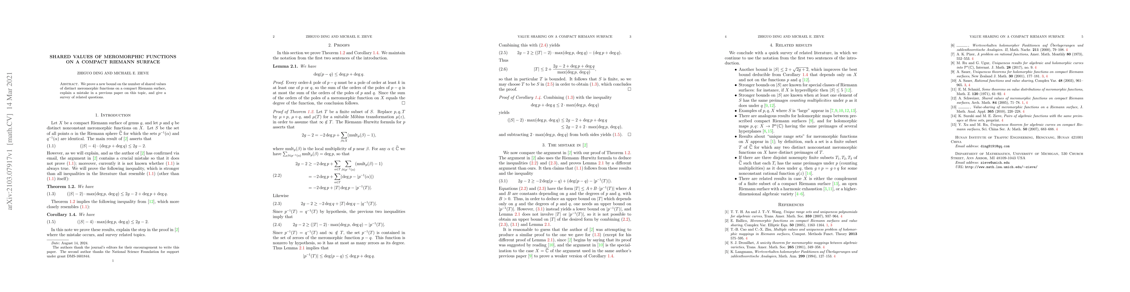 Thumbnail for Shared values of meromorphic functions on a compact Riemann surface