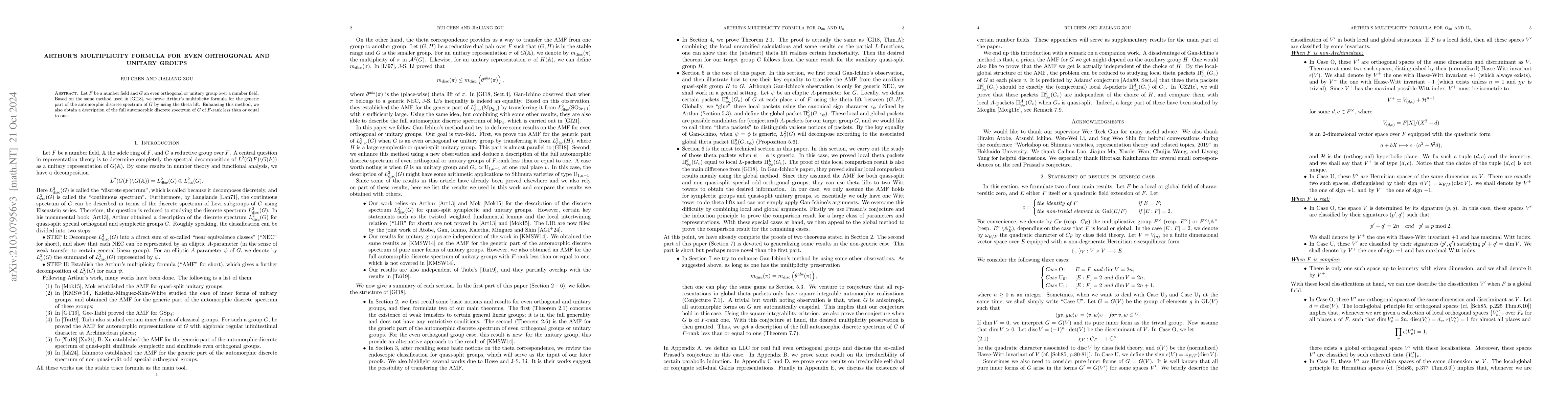 Thumbnail for Arthur's multiplicity formula for even orthogonal and unitary groups