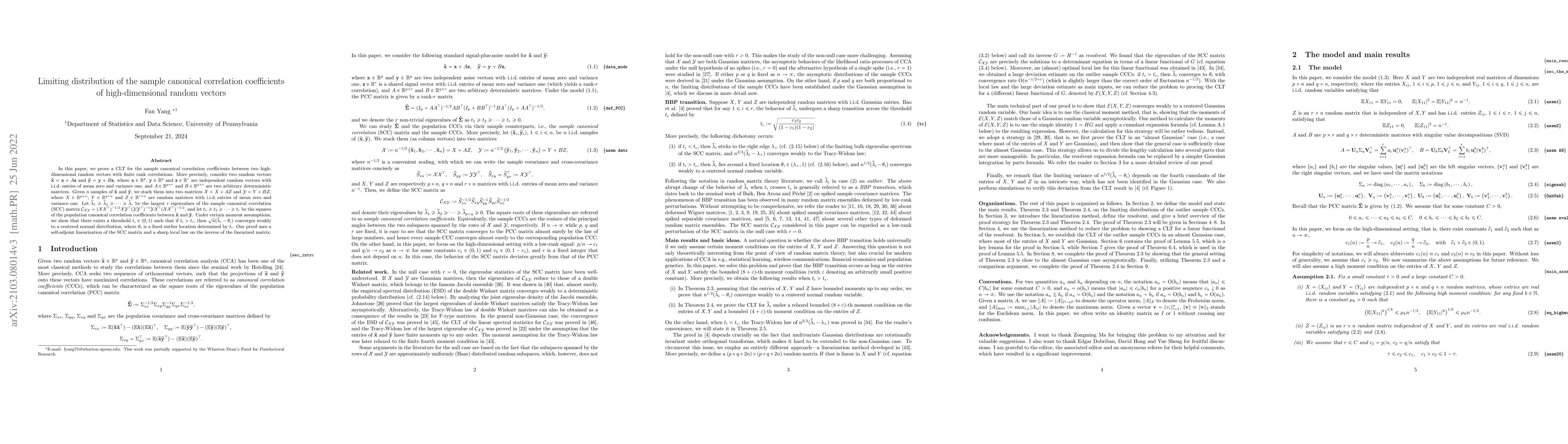 Thumbnail for Limiting distribution of the sample canonical correlation coefficients
  of high-dimensional random vectors