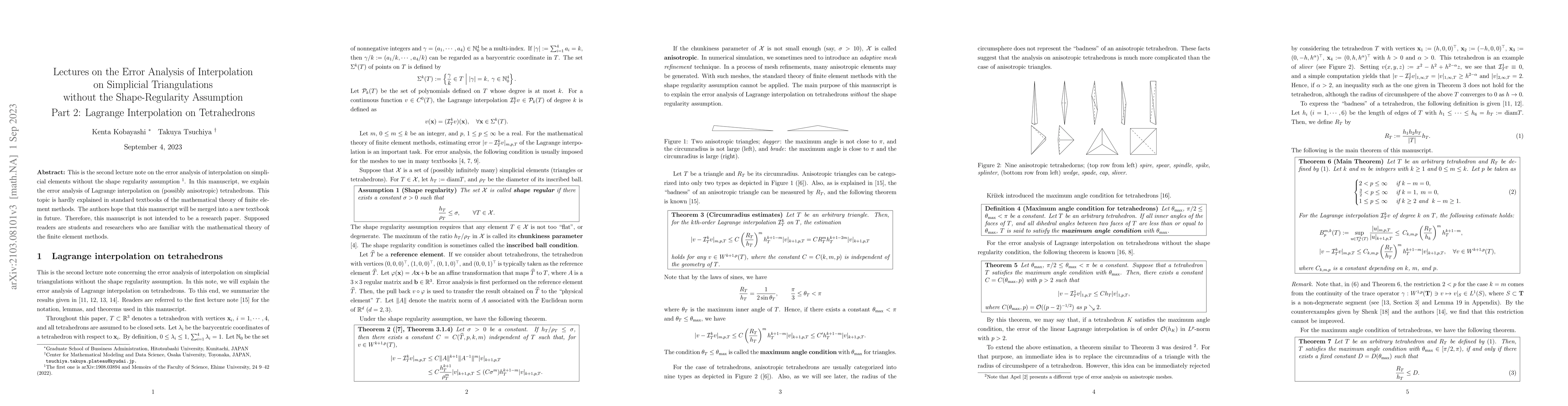 Thumbnail for Lectures on error analysis of interpolation on simplicial triangulations
  without the shape-regularity assumption, Part 2: Lagrange interpolation on
  tetrahedrons