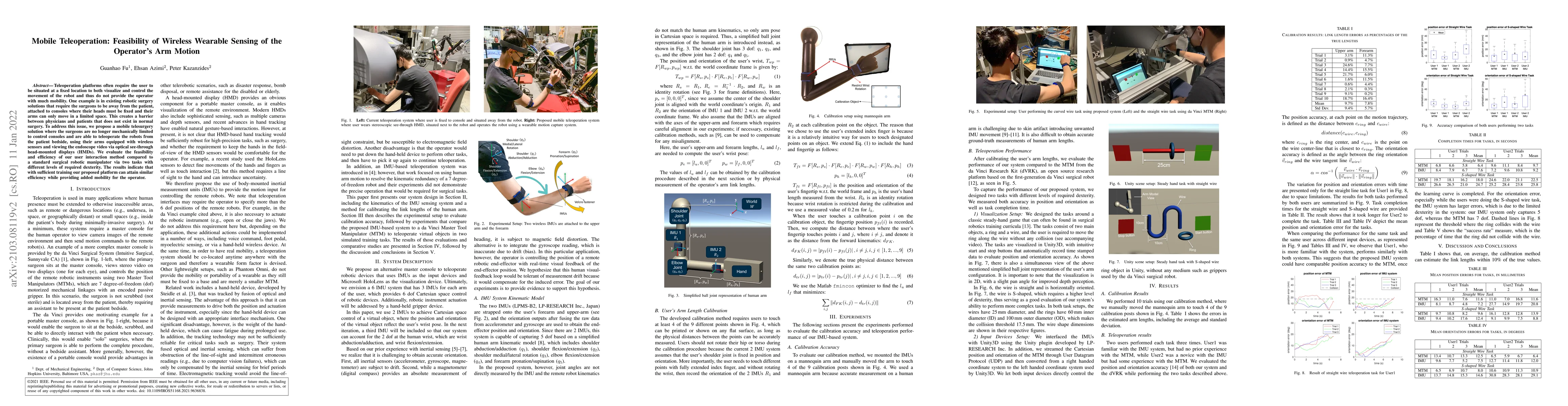 Thumbnail for Mobile Teleoperation: Feasibility of Wireless Wearable Sensing of the
  Operator's Arm Motion