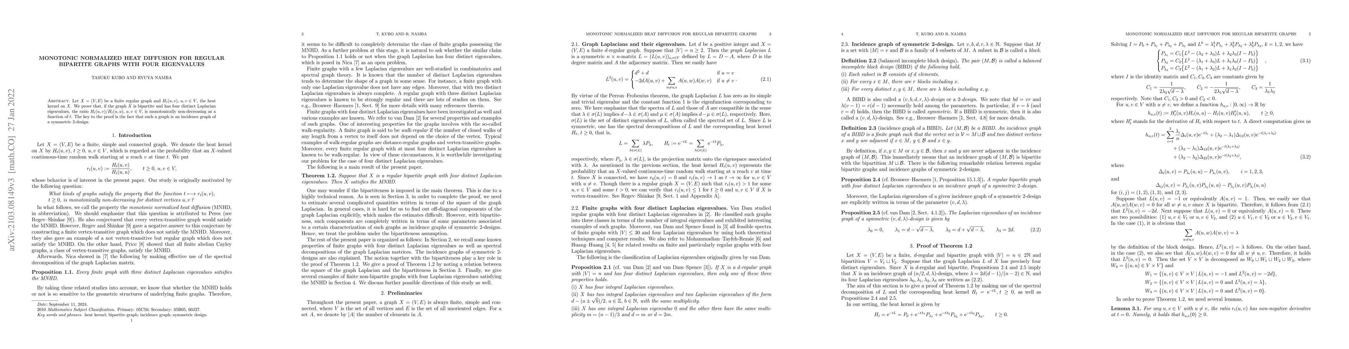 Thumbnail for Monotonic normalized heat diffusion for regular bipartite graphs with
  four eigenvalues
