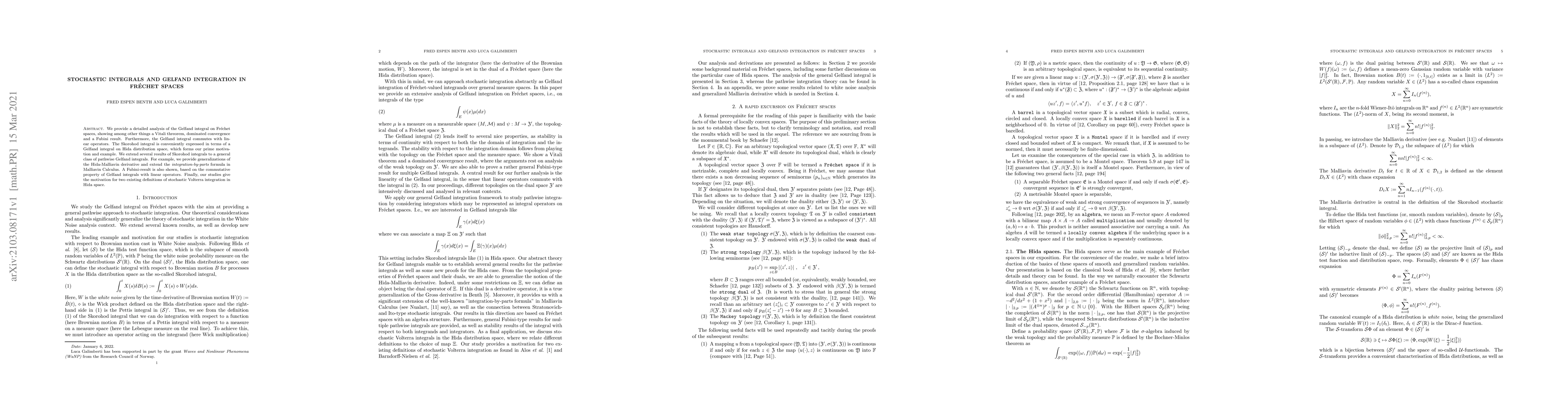 Thumbnail for Stochastic Integrals and Gelfand Integration in Fr\'echet Spaces