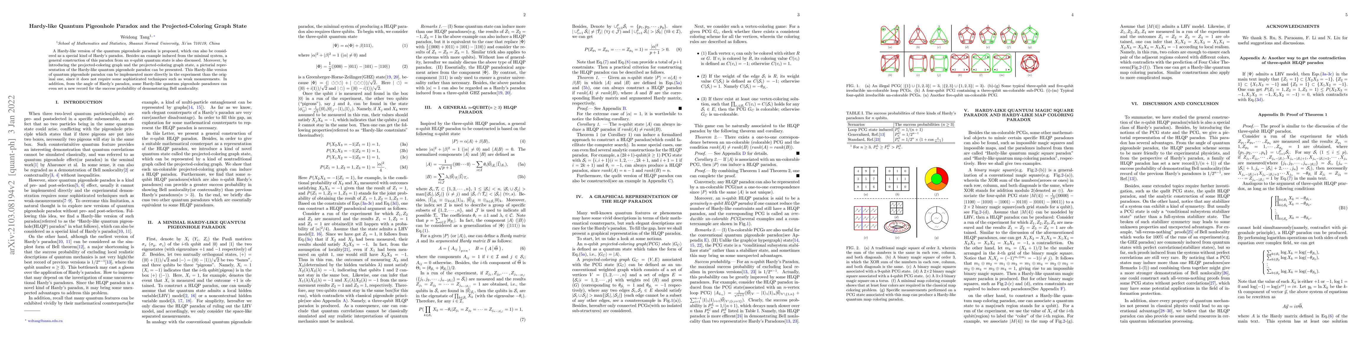 Thumbnail for Hardy-like Quantum Pigeonhole Paradox and the Projected-Coloring Graph
  State