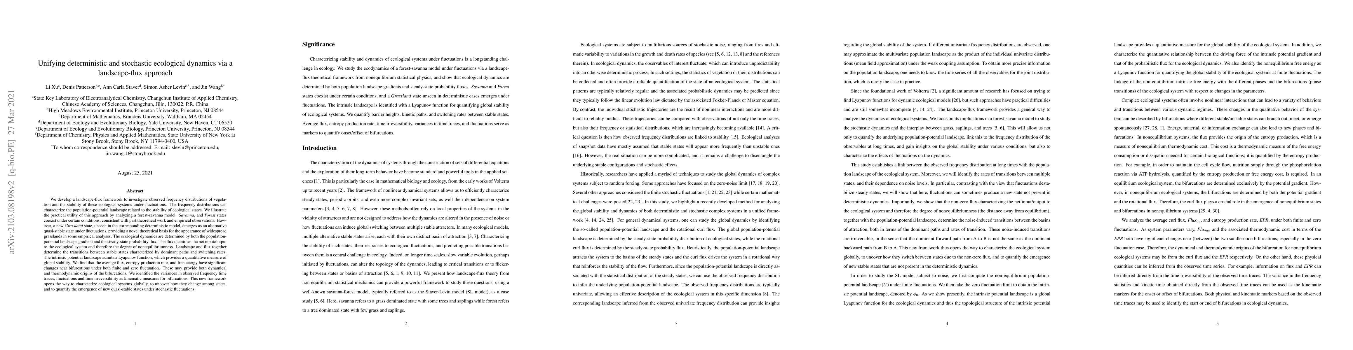 Thumbnail for Unifying deterministic and stochastic ecological dynamics via a
  landscape-flux approach
