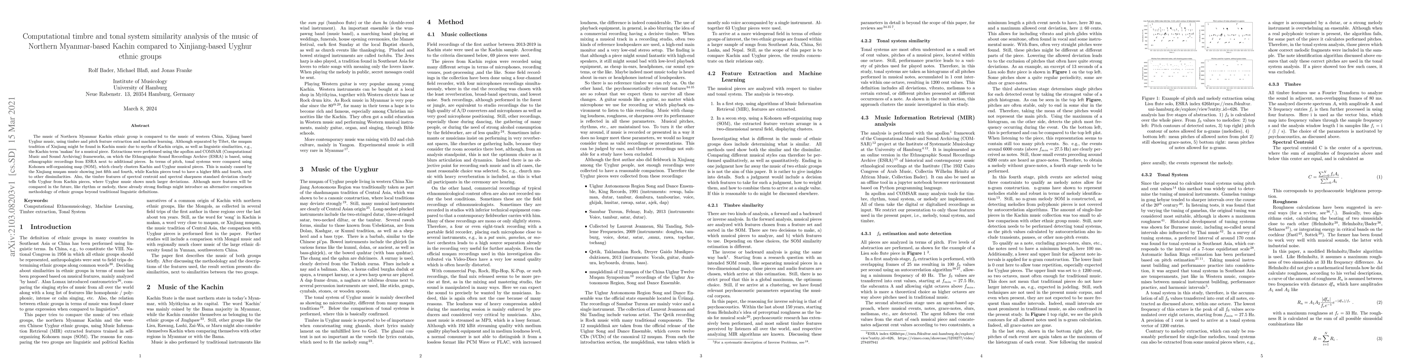 Thumbnail for Computational timbre and tonal system similarity analysis of the music
  of Northern Myanmar-based Kachin compared to Xinjiang-based Uyghur ethnic
  groups