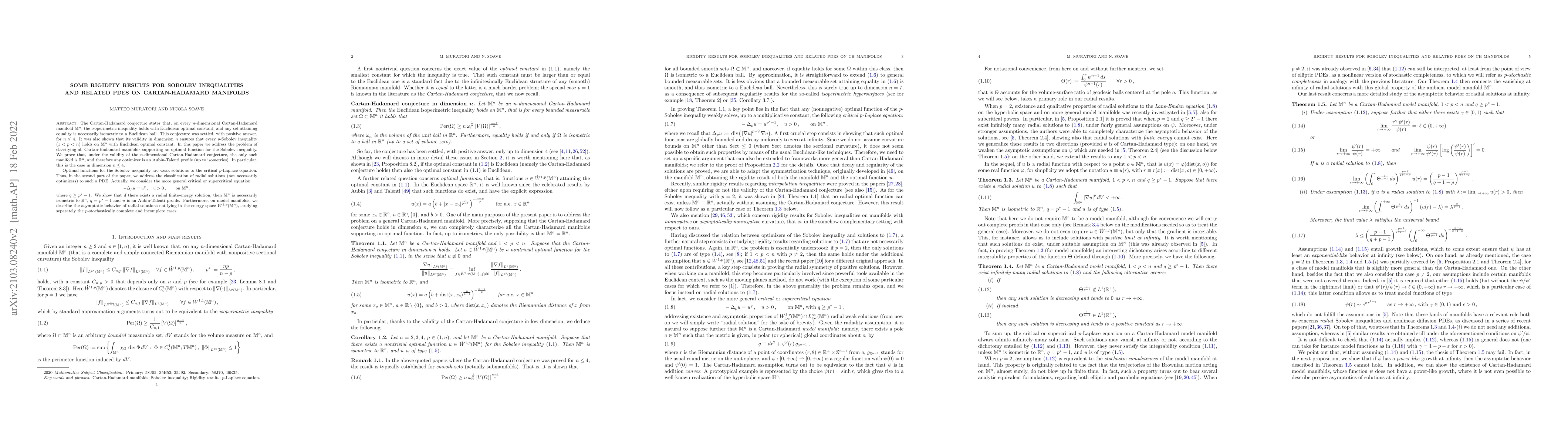 Thumbnail for Some rigidity results for Sobolev inequalities and related PDEs on
  Cartan-Hadamard manifolds