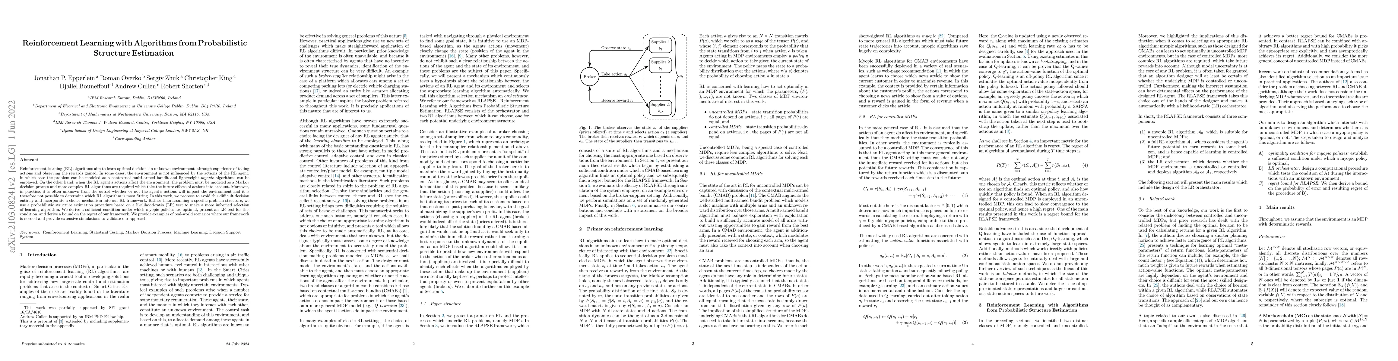 Thumbnail for Reinforcement Learning with Algorithms from Probabilistic Structure
  Estimation