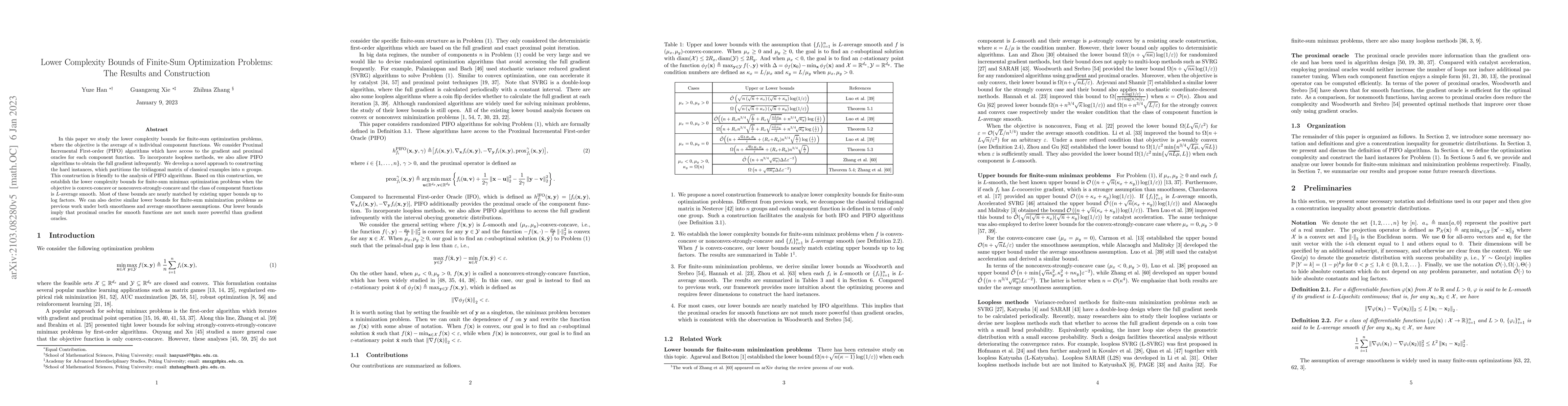 Thumbnail for Lower Complexity Bounds of Finite-Sum Optimization Problems: The Results
  and Construction