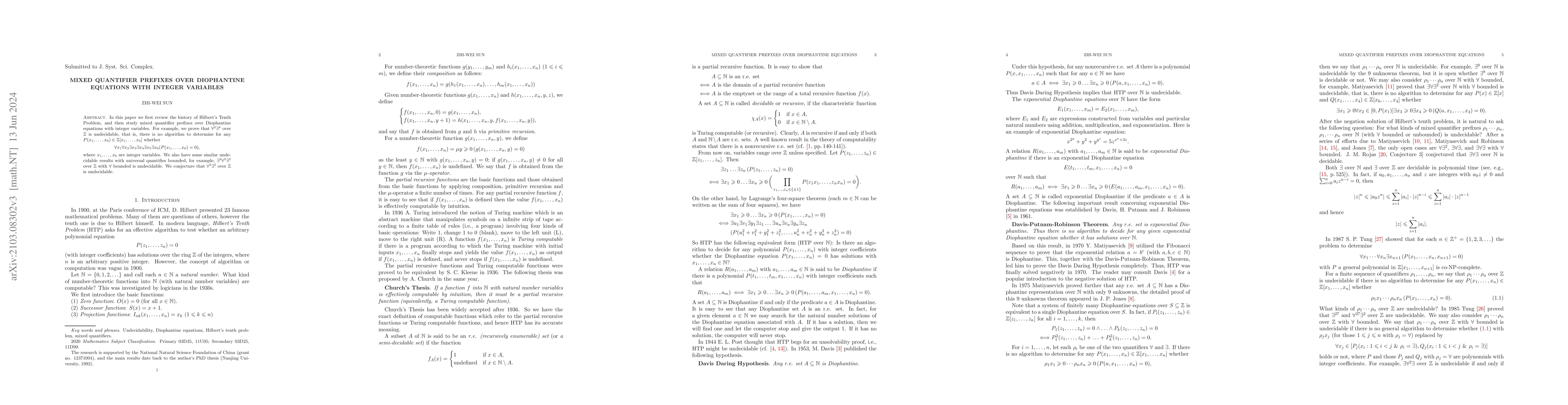 Thumbnail for Mixed quantifier prefixes over Diophantine equations with integer
  variables