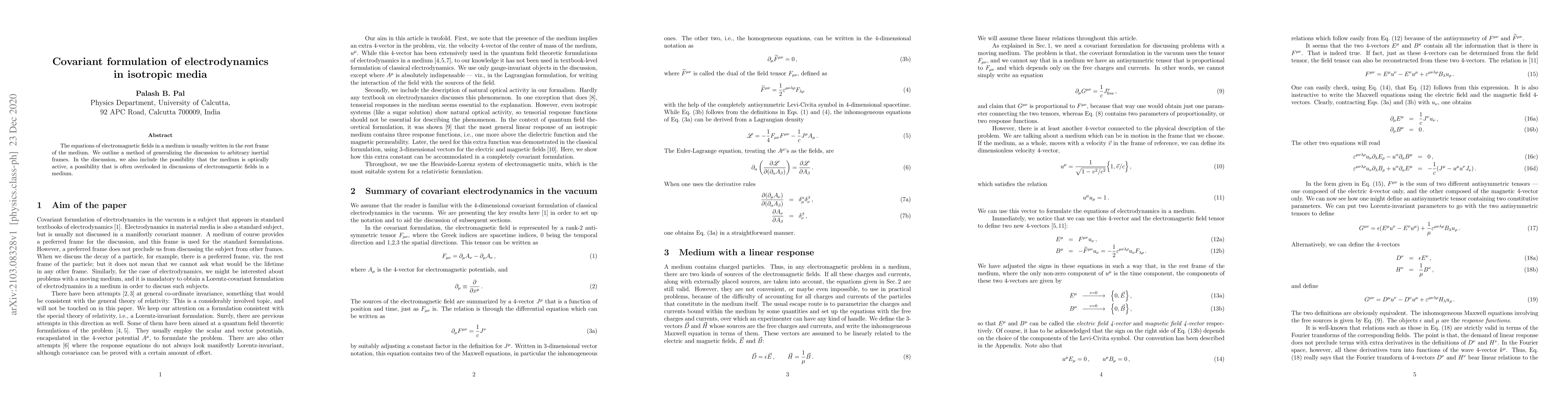 Thumbnail for Covariant formulation of electrodynamics in isotropic media