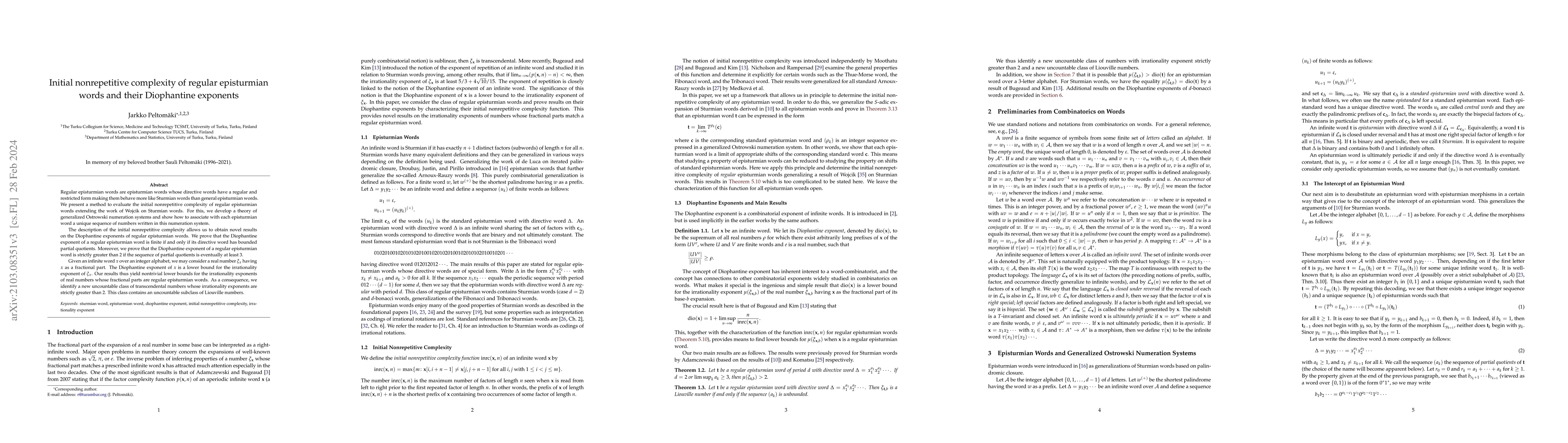 Thumbnail for Initial nonrepetitive complexity of regular episturmian words and their
  Diophantine exponents