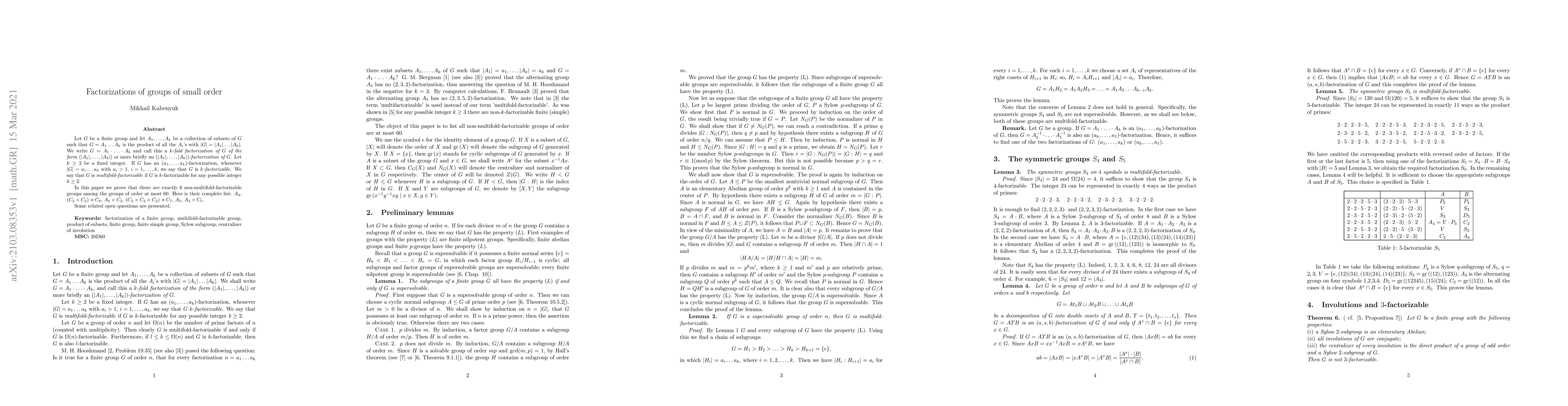 Thumbnail for Factorizations of groups of small order