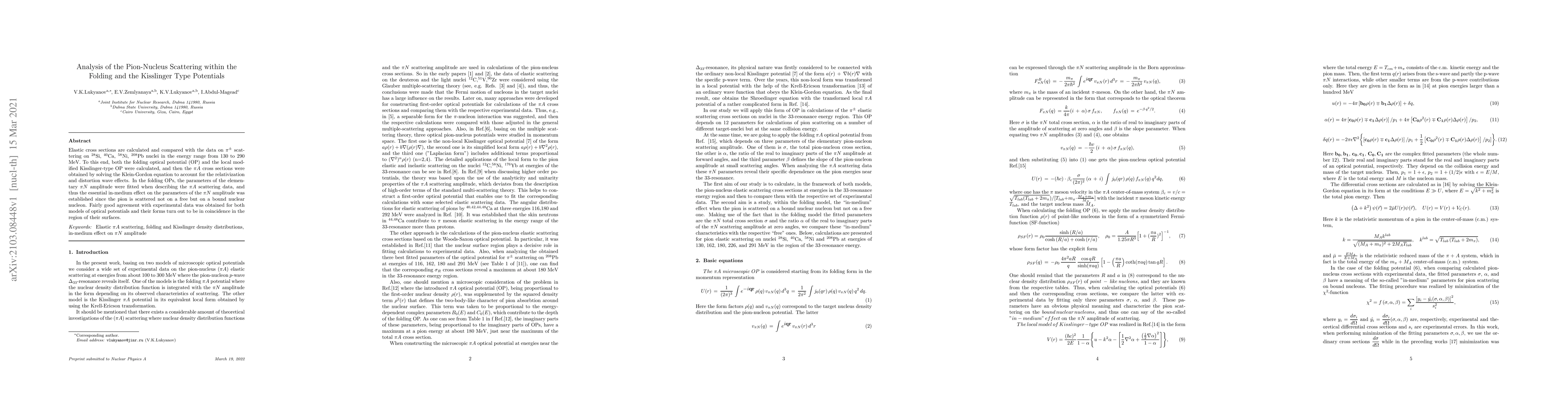 Thumbnail for Analysis of the Pion-Nucleus Scattering within the Folding and the
  Kisslinger Type Potentials
