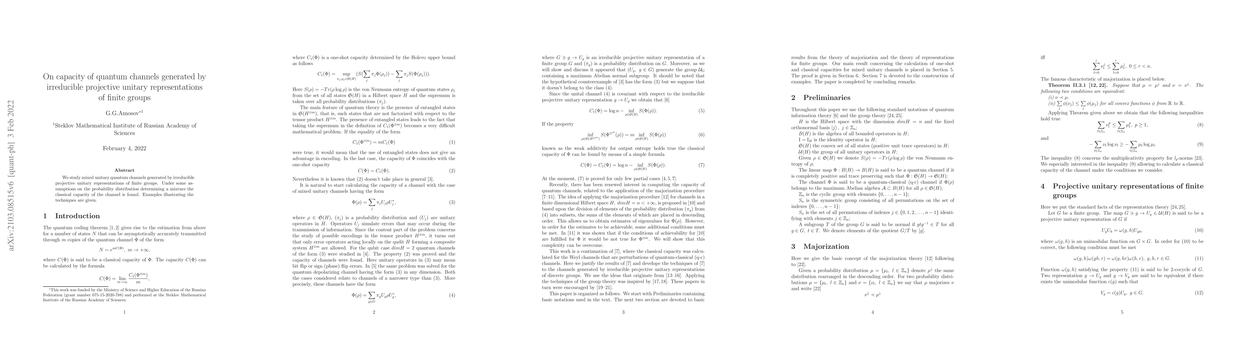 Thumbnail for On capacity of quantum channels generated by irreducible projective
  unitary representations of finite groups
