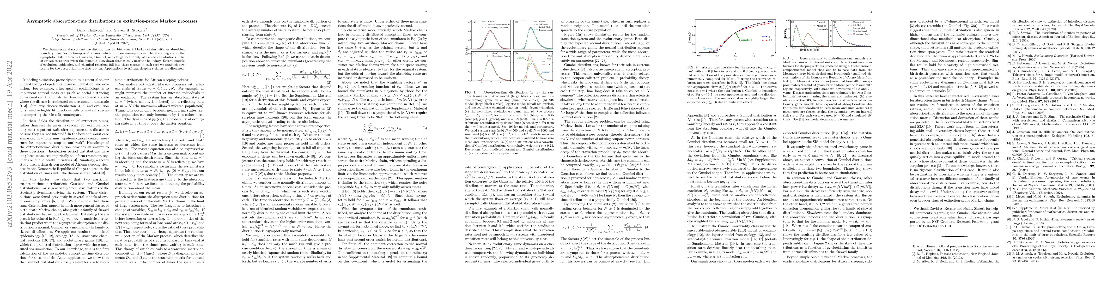 Thumbnail for Asymptotic absorption-time distributions in extinction-prone Markov
  processes