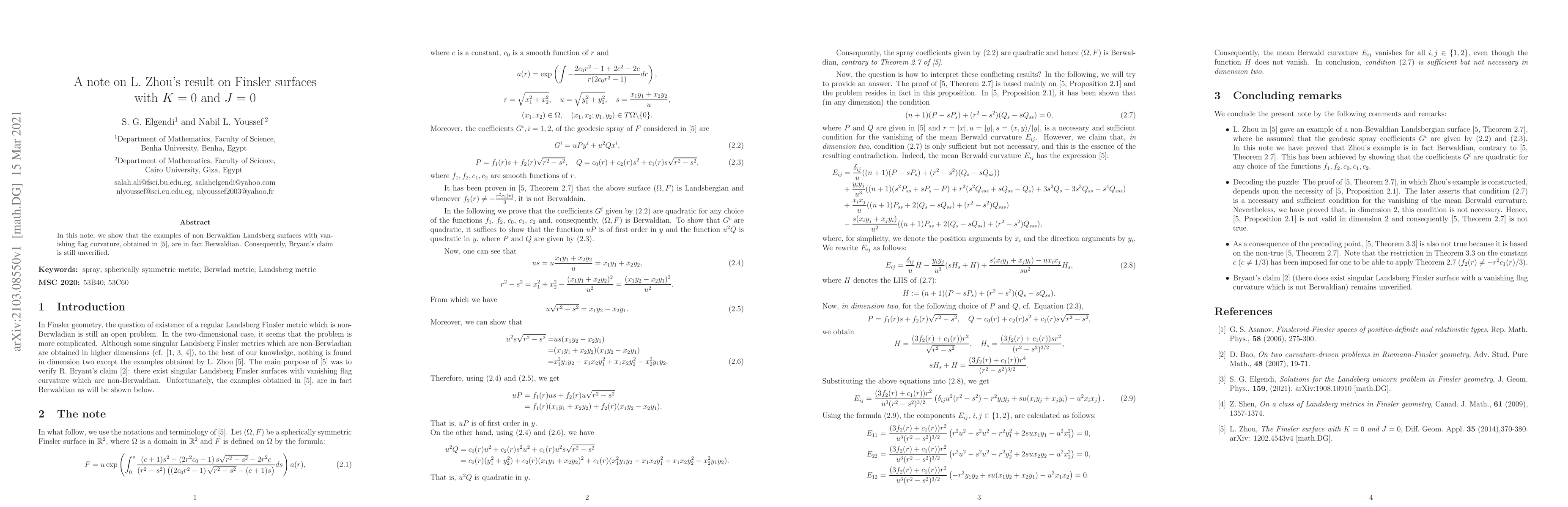 Thumbnail for A note on L. Zhou's result on Finsler surfaces with $K = 0$ and $J = 0$
