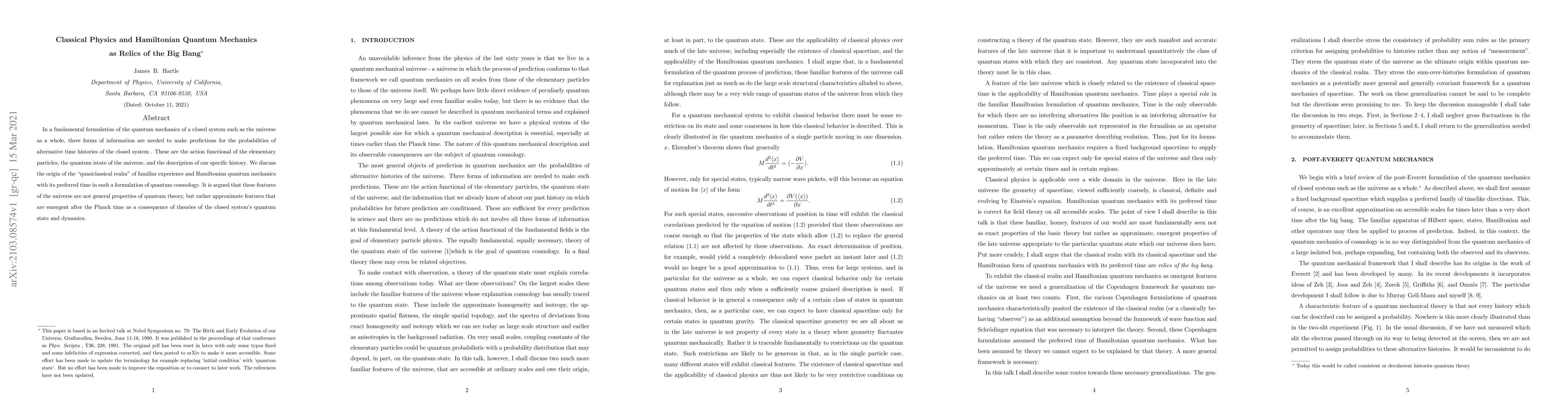Thumbnail for Classical Physics and Hamiltonian Quantum Mechanics as Relics of the Big
  Bang