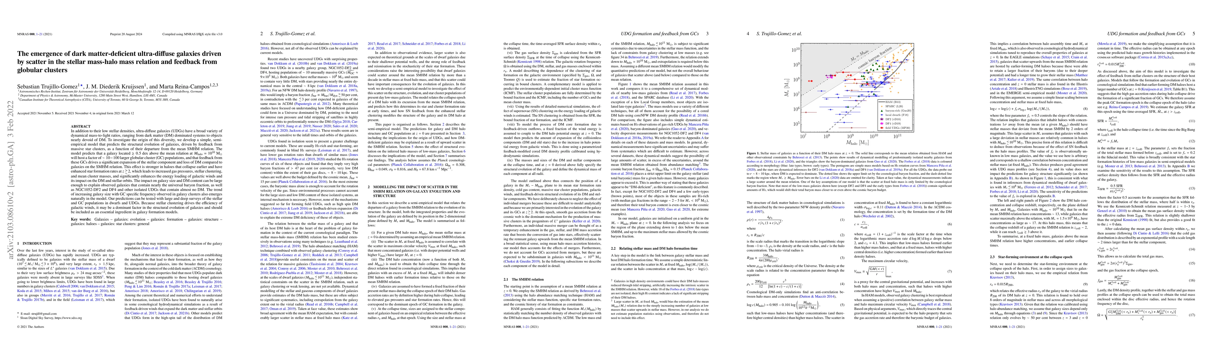 Thumbnail for The emergence of dark matter-deficient ultra-diffuse galaxies driven by
  scatter in the stellar mass-halo mass relation and feedback from globular
  clusters