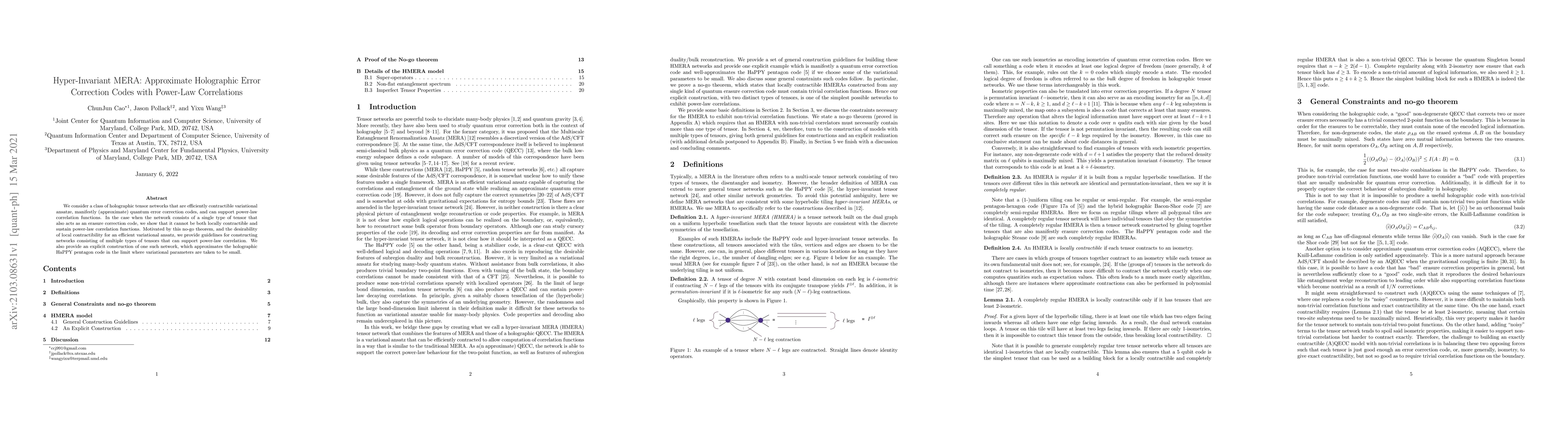 Thumbnail for Hyper-Invariant MERA: Approximate Holographic Error Correction Codes
  with Power-Law Correlations
