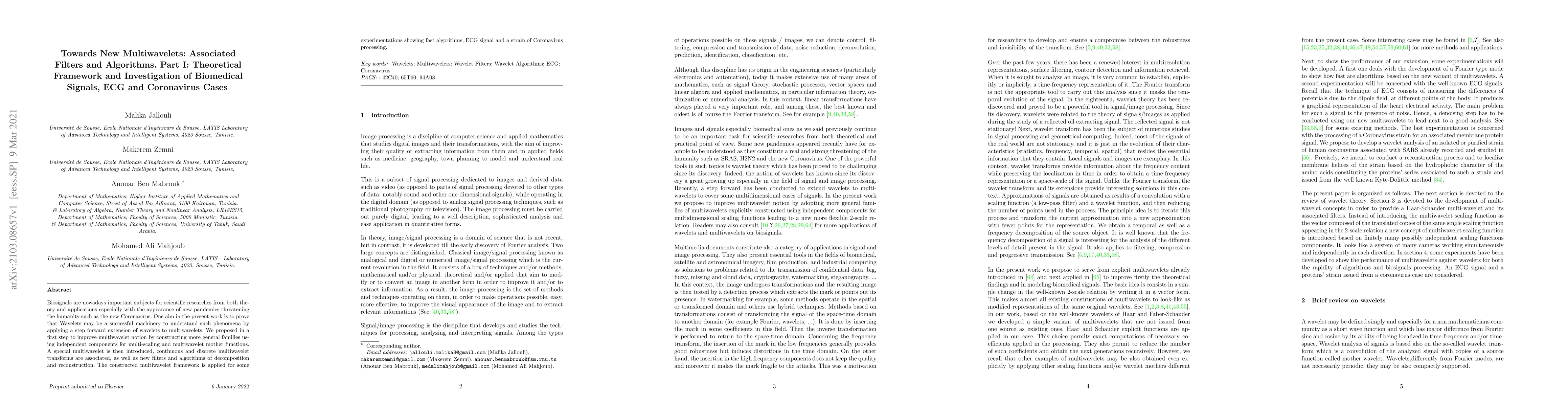 Thumbnail for Towards New Multiwavelets: Associated Filters and Algorithms. Part I:
  Theoretical Framework and Investigation of Biomedical Signals, ECG and
  Coronavirus Cases