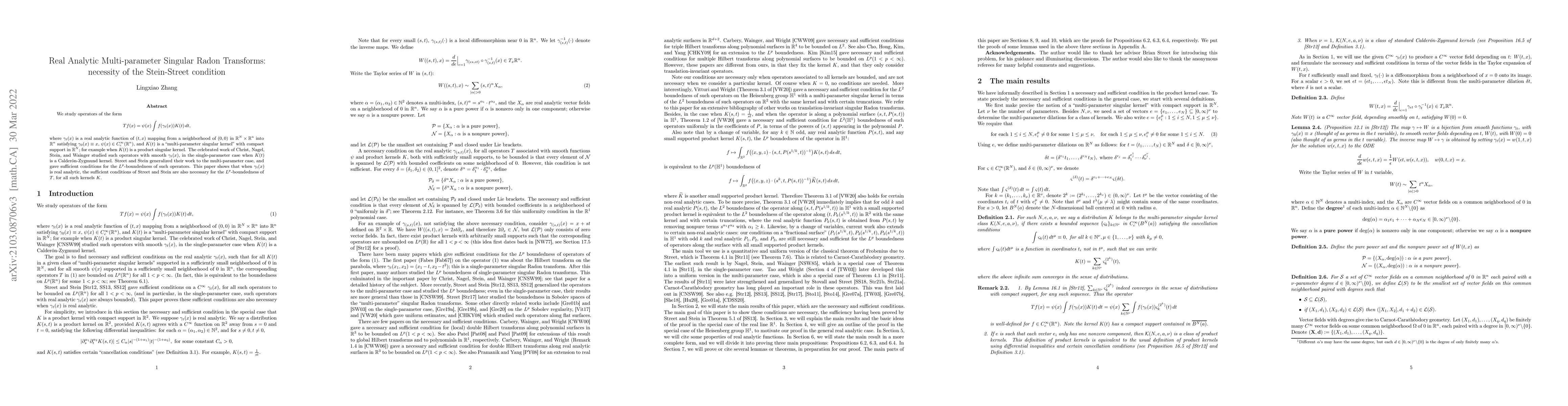 Thumbnail for Real Analytic Multi-parameter Singular Radon Transforms: necessity of
  the Stein-Street condition
