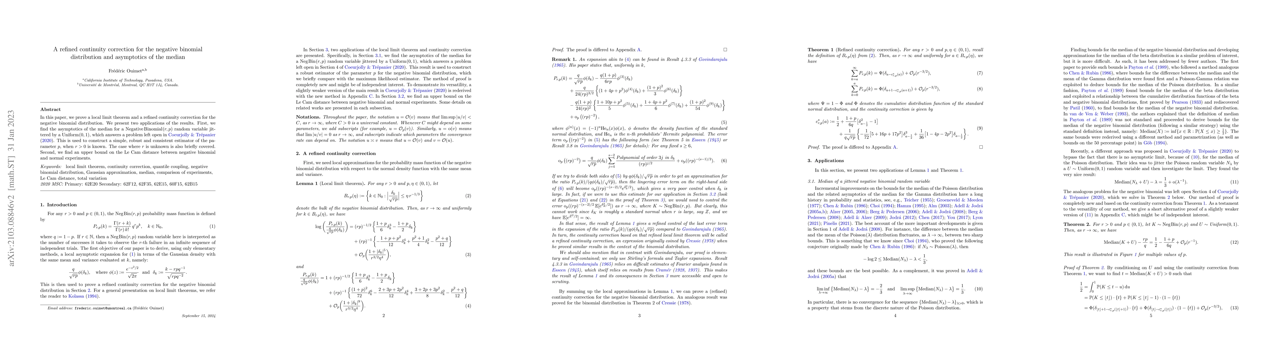 Thumbnail for A refined continuity correction for the negative binomial distribution
  and asymptotics of the median