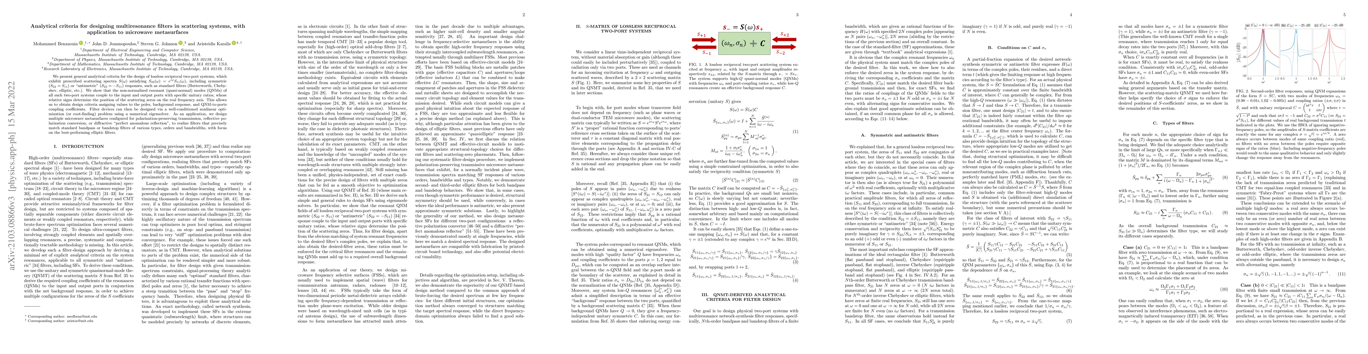 Thumbnail for Analytical criteria for designing multiresonance filters in scattering
  systems, with application to microwave metasurfaces