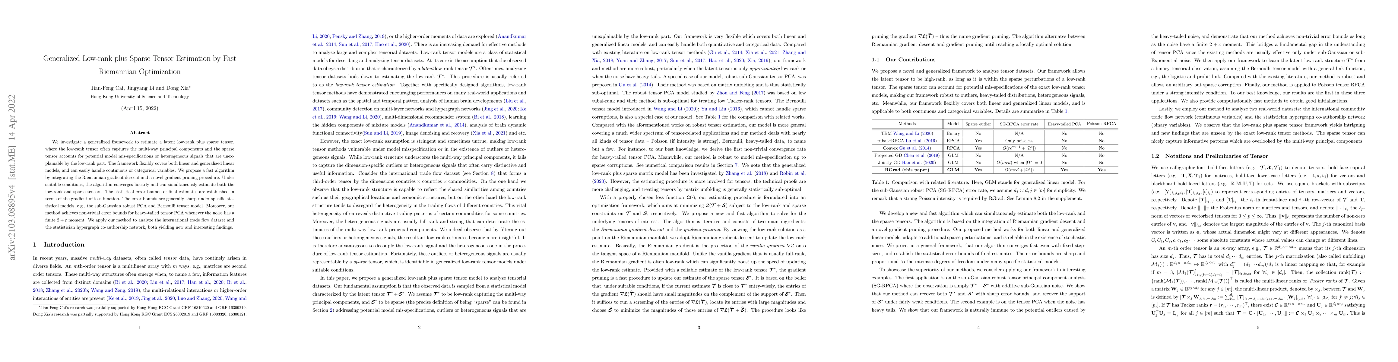 Thumbnail for Generalized Low-rank plus Sparse Tensor Estimation by Fast Riemannian
  Optimization