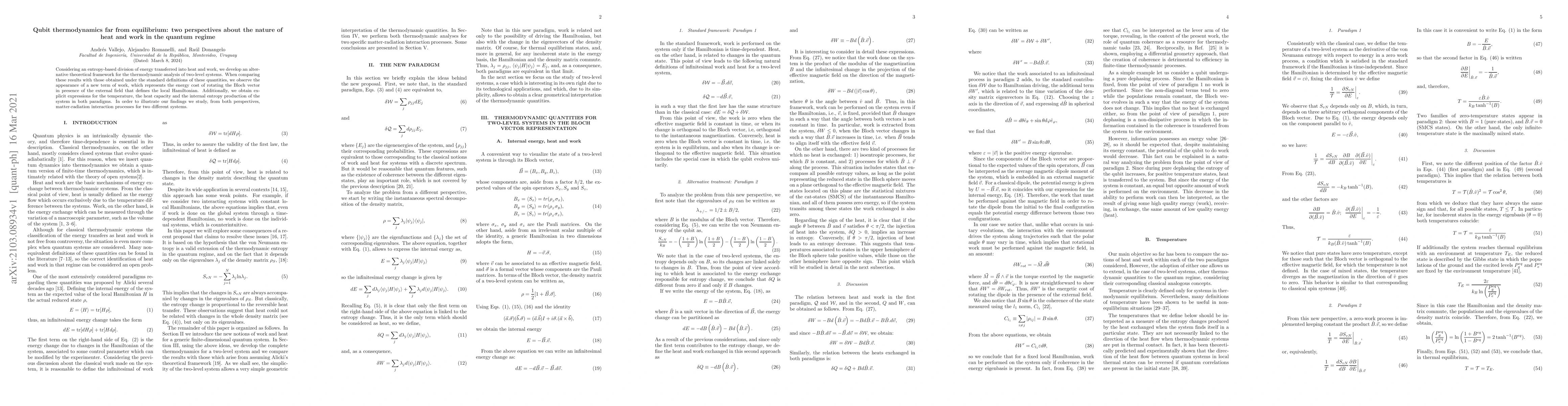 Thumbnail for Qubit thermodynamics far from equilibrium: two perspectives about the
  nature of heat and work in the quantum regime