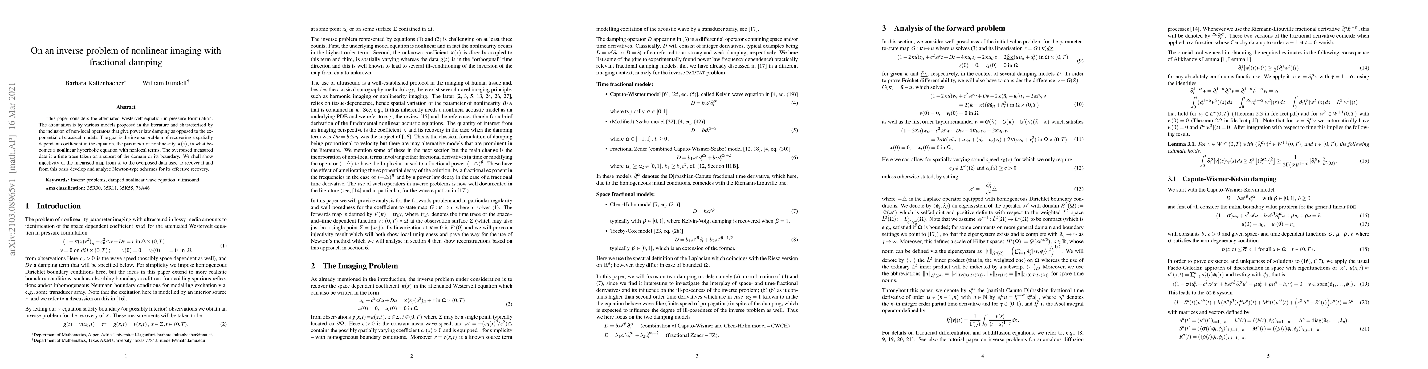 Thumbnail for On an inverse problem of nonlinear imaging with fractional damping