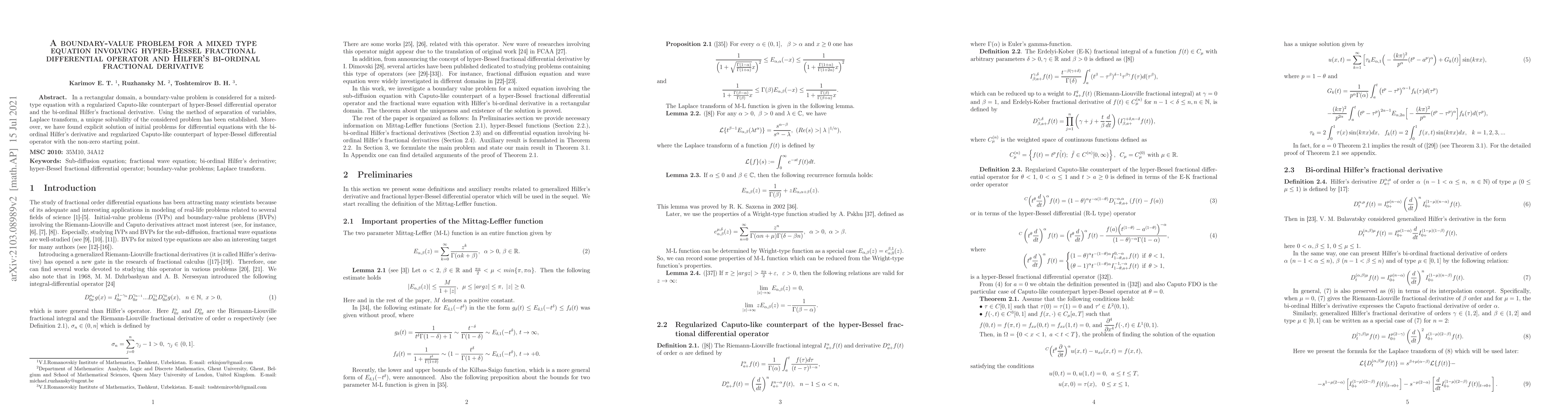 Thumbnail for A boundary-value problem for a mixed type equation involving
  hyper-Bessel fractional differential operator and Hilfer's bi-ordinal
  fractional derivative