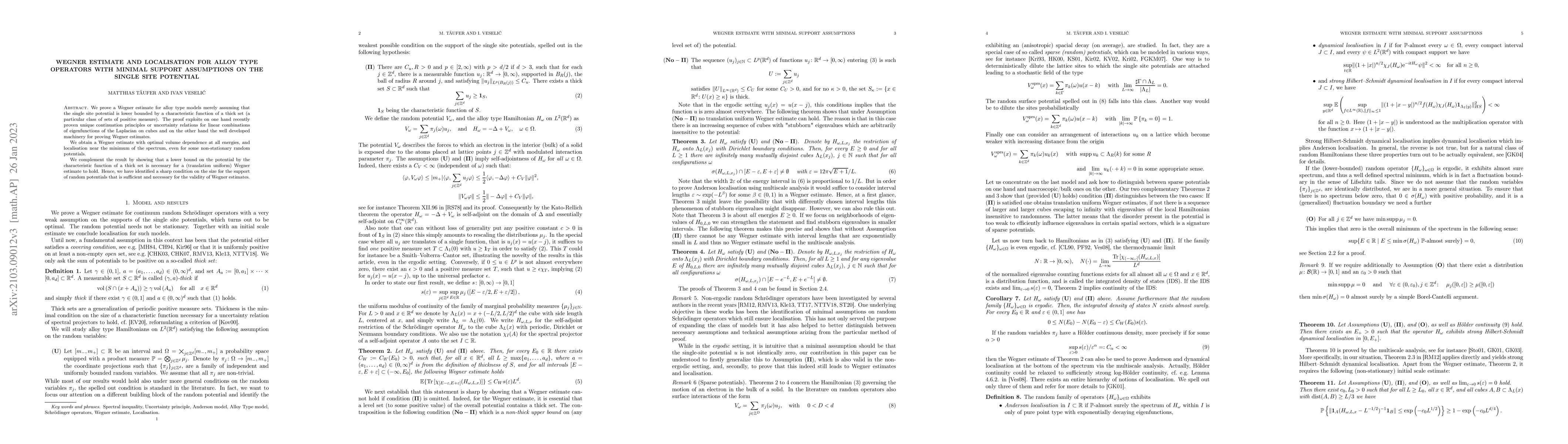 Thumbnail for Wegner estimate and localisation for alloy type operators with minimal
  support assumptions on the single site potential