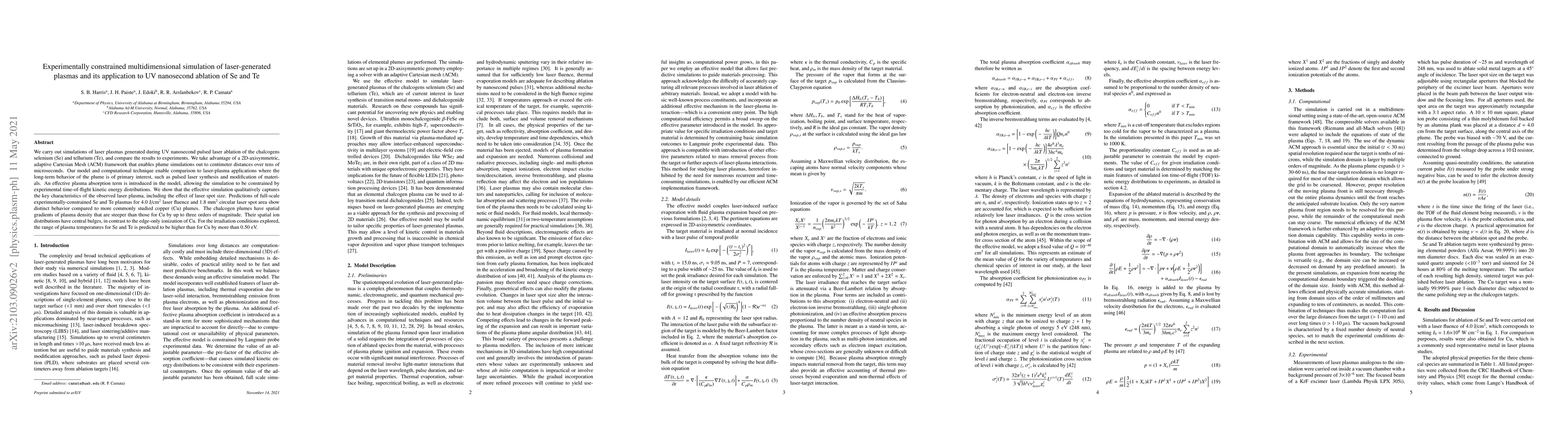 Thumbnail for Experimentally constrained multidimensional simulation of
  laser-generated plasmas and its application to UV nanosecond ablation of Se
  and Te