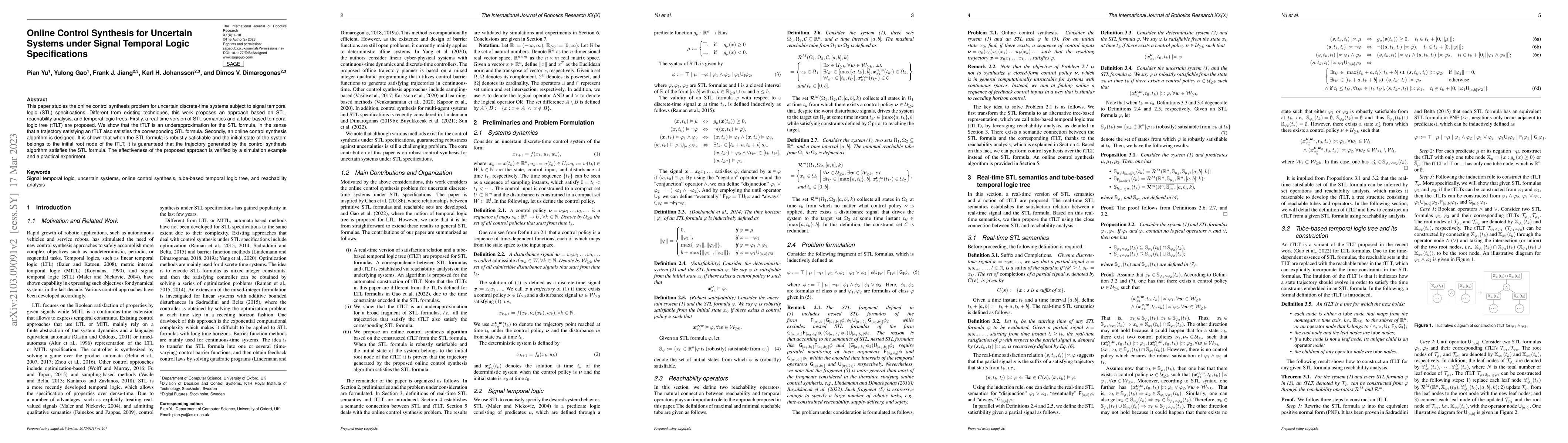 Thumbnail for Online Control Synthesis for Uncertain Systems under Signal Temporal
  Logic Specifications
