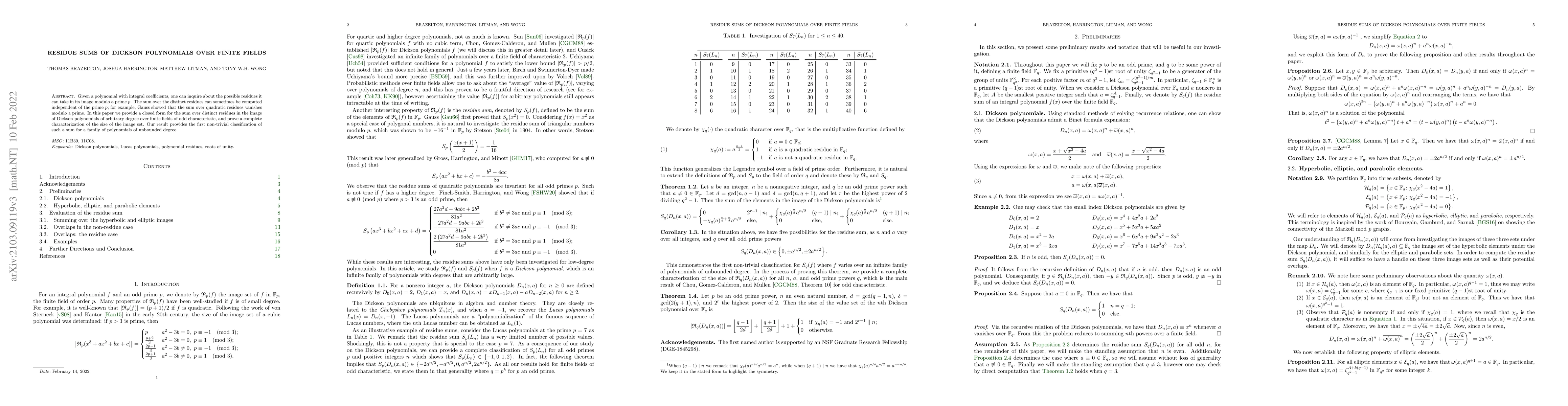 Thumbnail for Residue sums of Dickson polynomials over finite fields