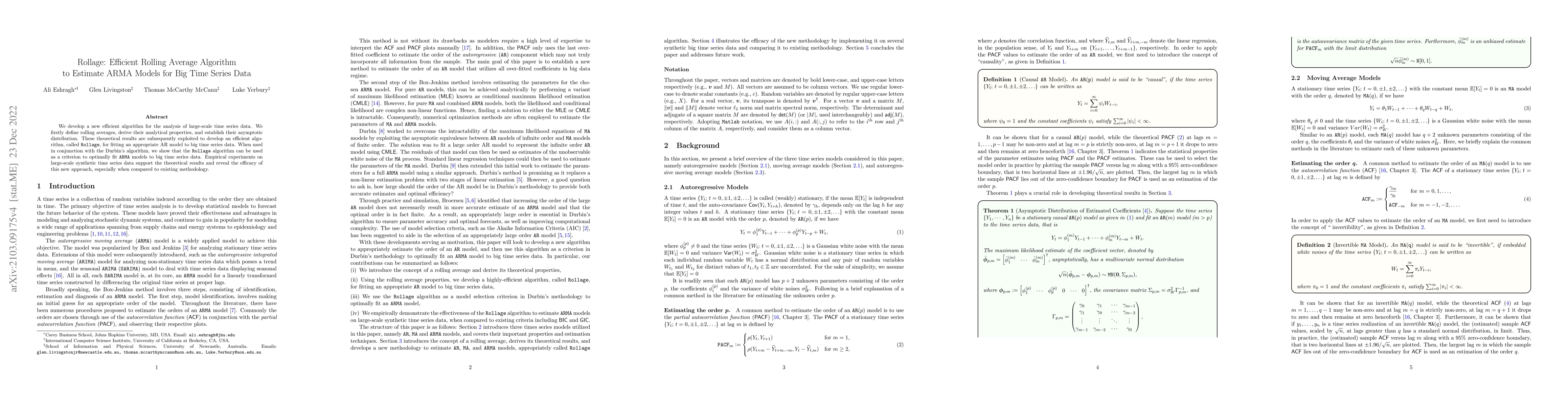Thumbnail for Rollage: Efficient Rolling Average Algorithm to Estimate ARMA Models for
  Big Time Series Data