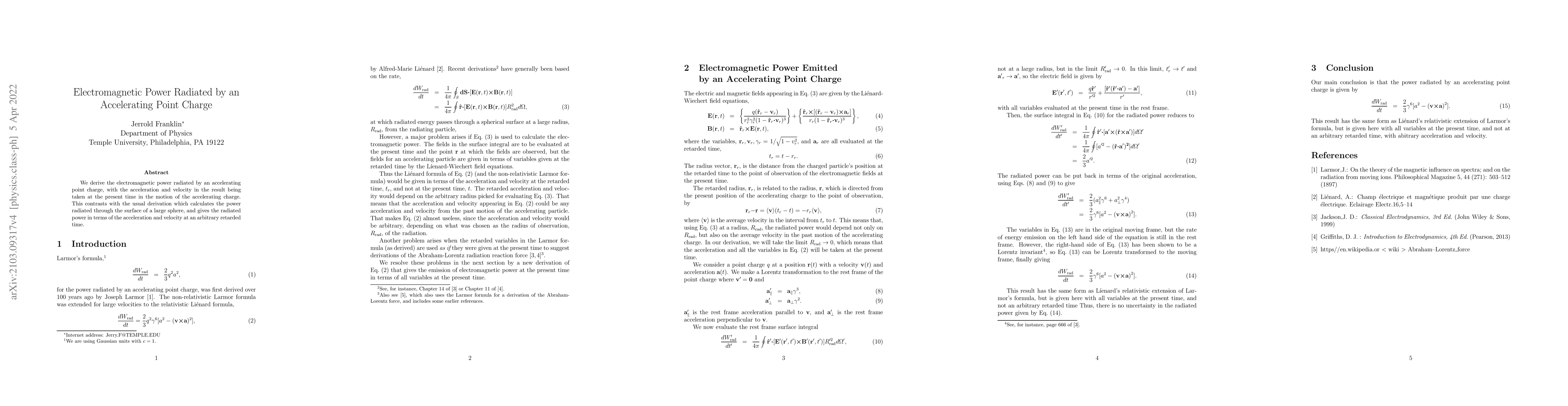Thumbnail for Electromagnetic Power Emitted by an Accelerating Point Charge