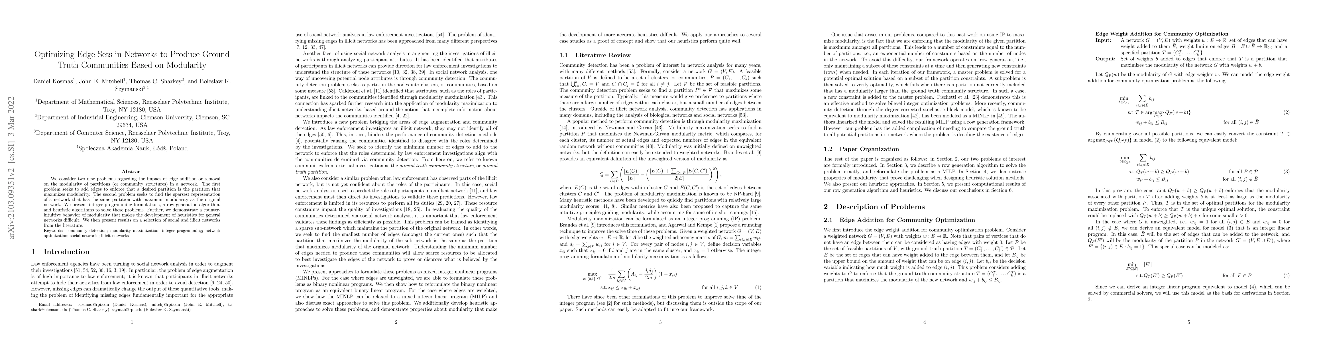 Thumbnail for Optimizing Edge Sets in Networks to Produce Ground Truth Communities
  Based on Modularity