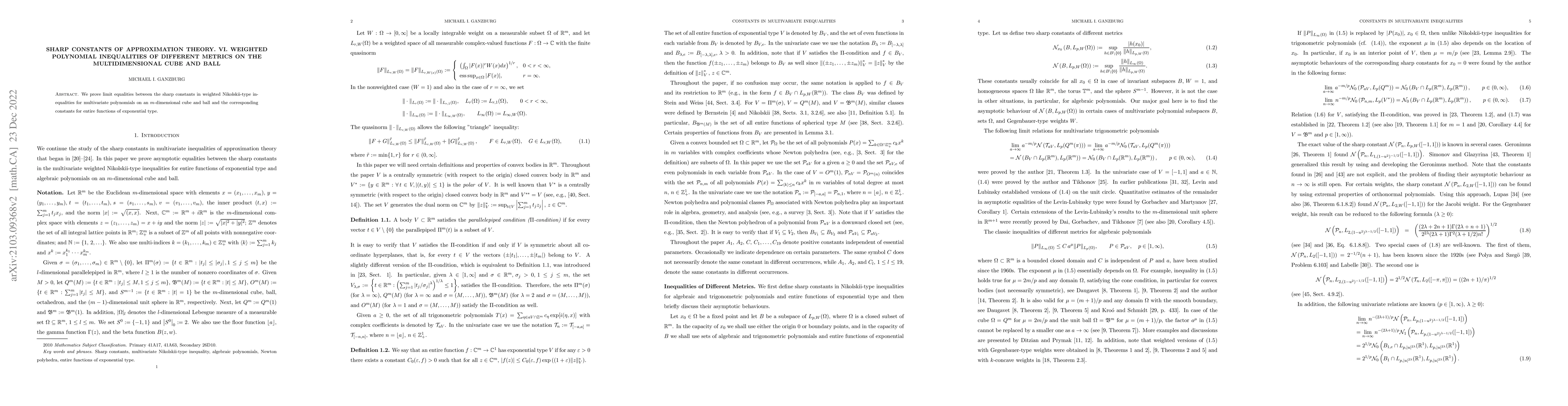 Thumbnail for Sharp Constants of Approximation Theory. VI. Weighted Polynomial
  Inequalities of Different Metrics on the Multidimensional Cube and Ball