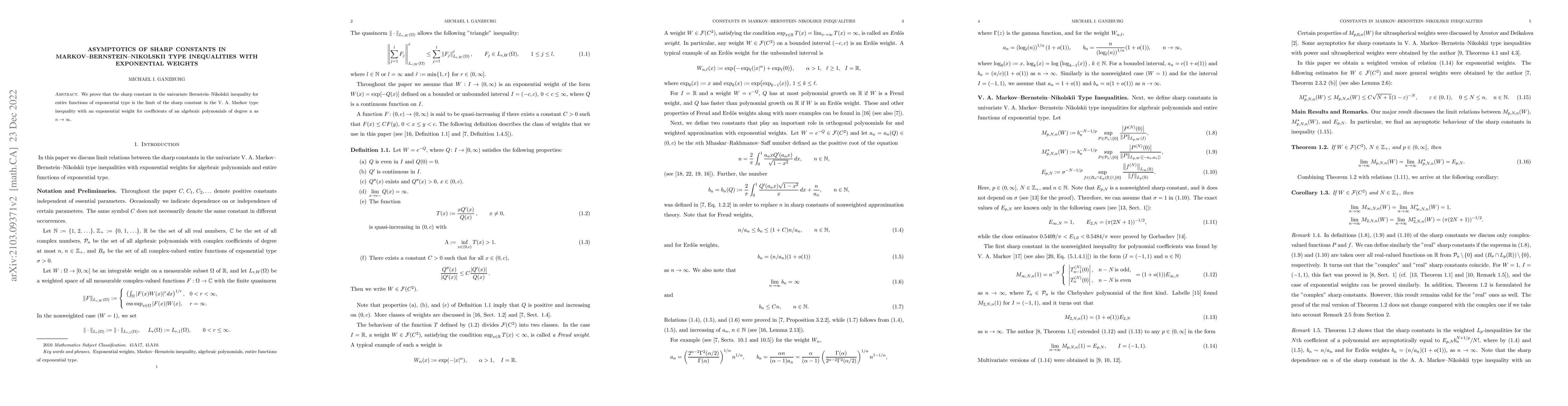 Thumbnail for Asymptotics of Sharp Constants in Markov-Bernstein-Nikolskii type
  Inequalities with Exponential Weights
