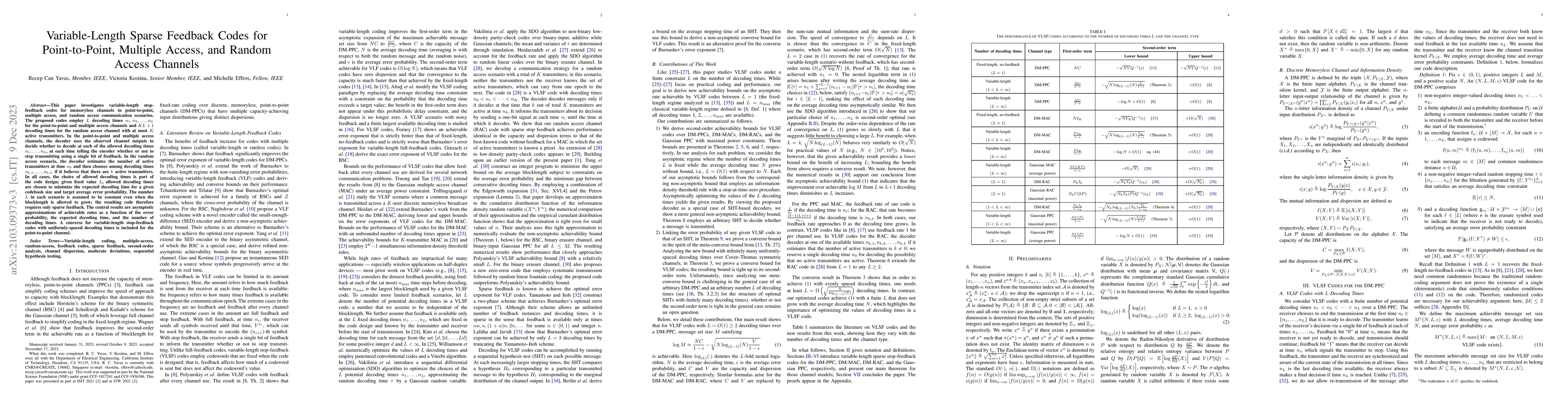 Thumbnail for Variable-Length Sparse Feedback Codes for Point-to-Point, Multiple
  Access, and Random Access Channels