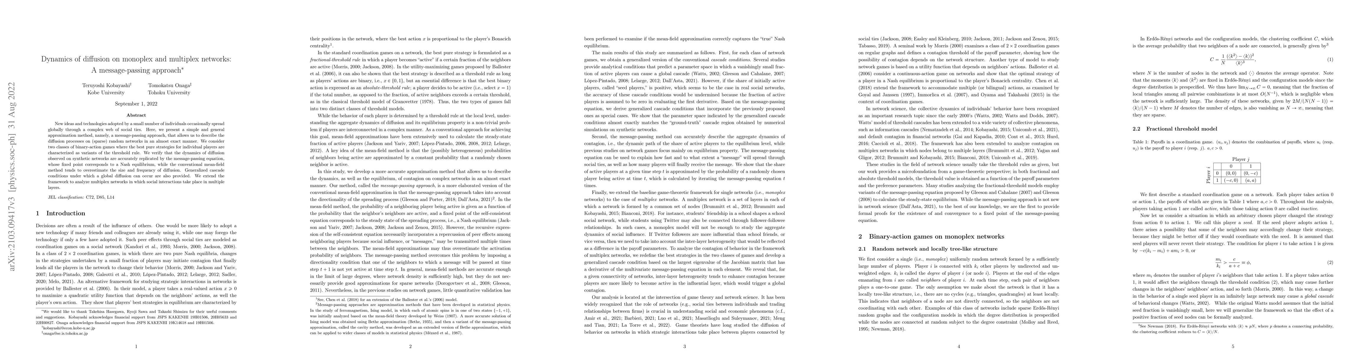Thumbnail for Dynamics of diffusion on monoplex and multiplex networks: A
  message-passing approach